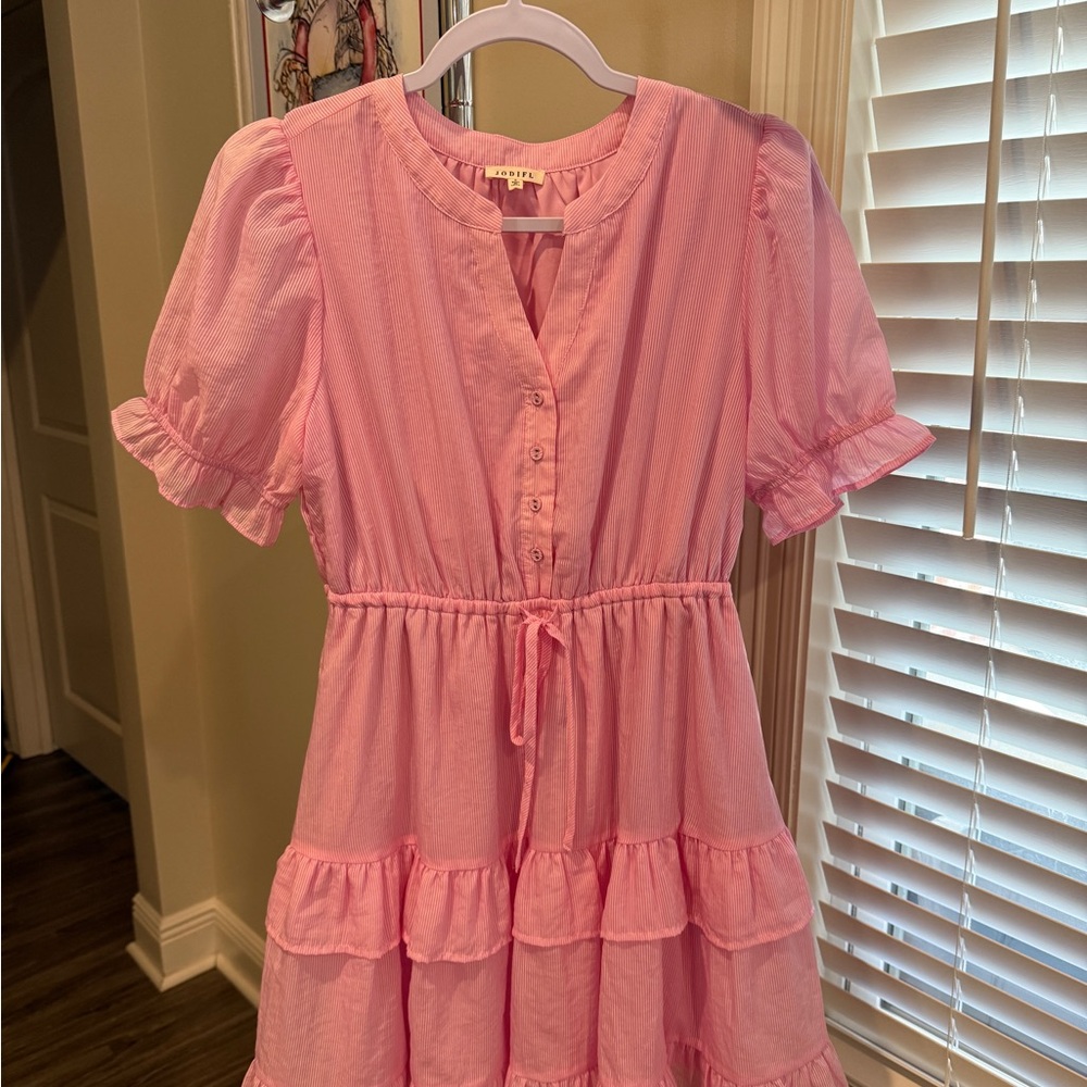 JODIFL Pink Midi Babydoll Dress with Ruffled Tiered Skirt and Puff Sleeves